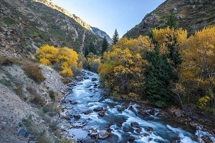 Río de montaña de aguas rápidas rodeado de follaje otoñal y montañas.